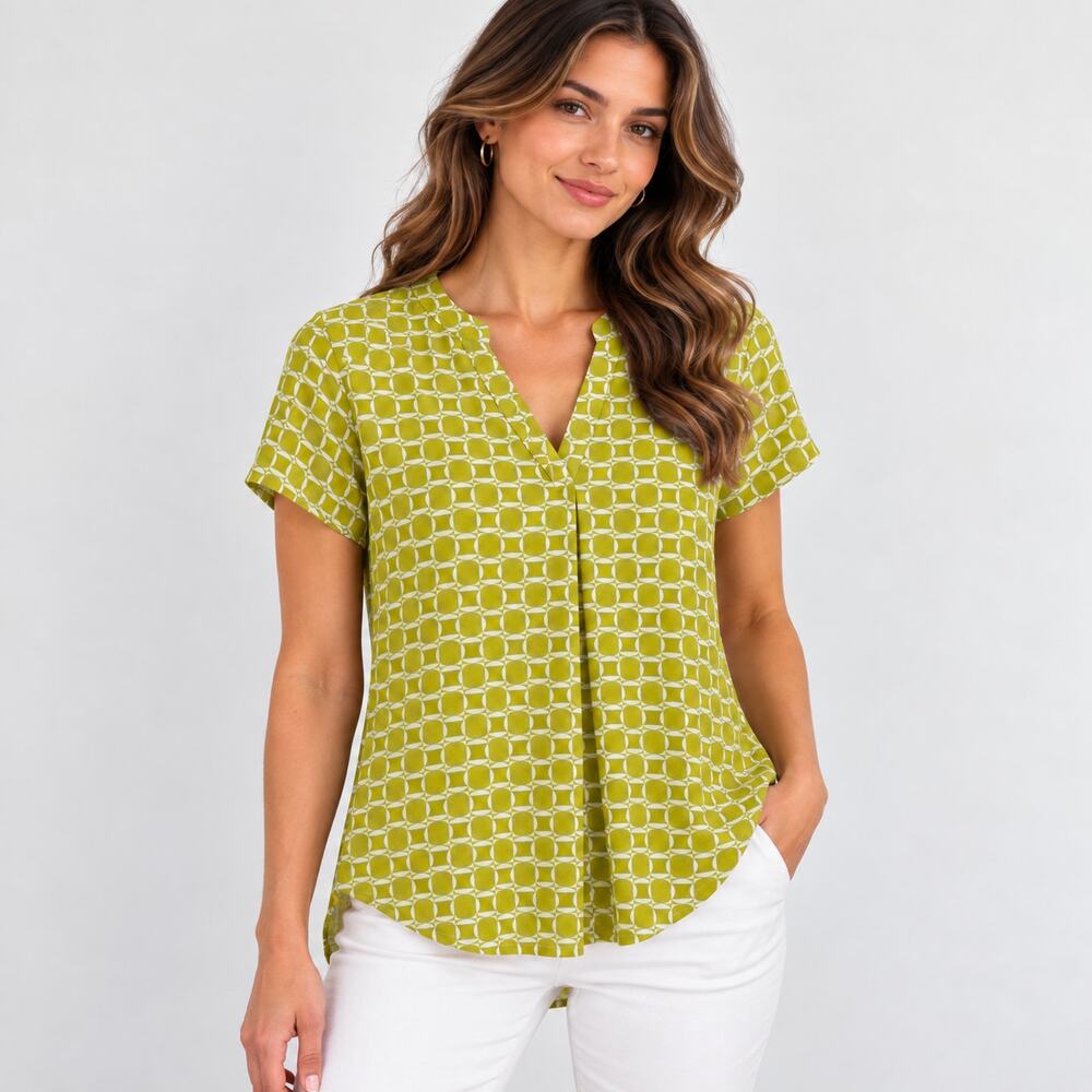Susan Graver Liquid Knit Blouse Womens Size M Lime Green Geometric Office Casual